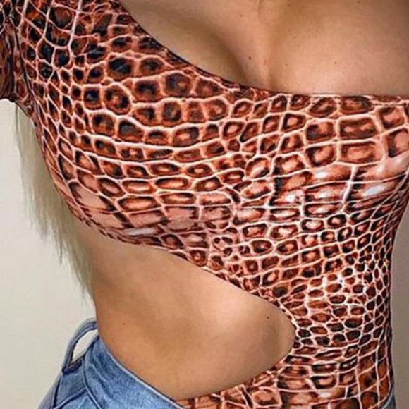 None Tops - SEXY SNAKE PRINT HOLLOW-OUT BODYSUIT